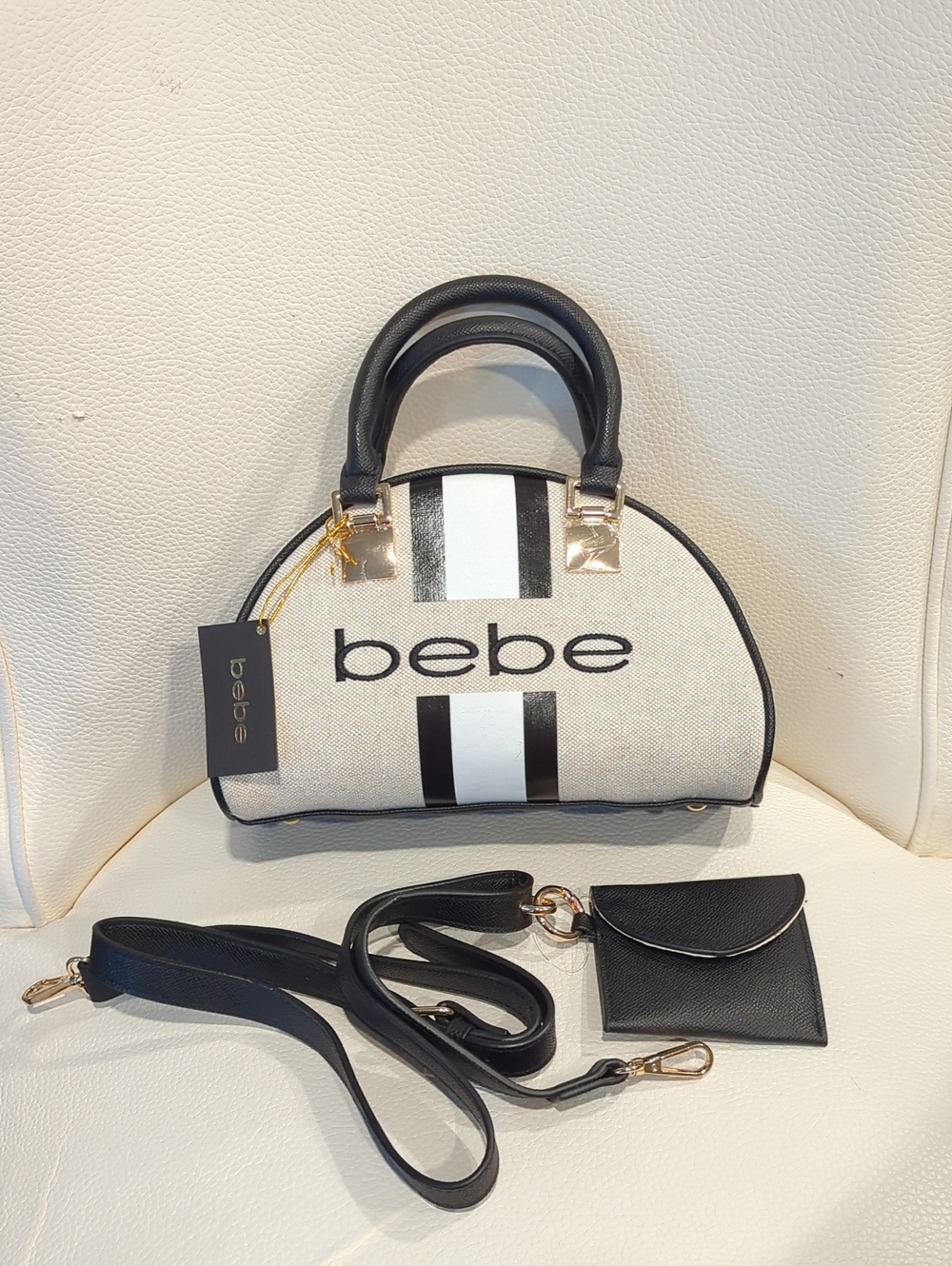 bebe Black & White Dome Satchel with Detachable Strap and Pouch